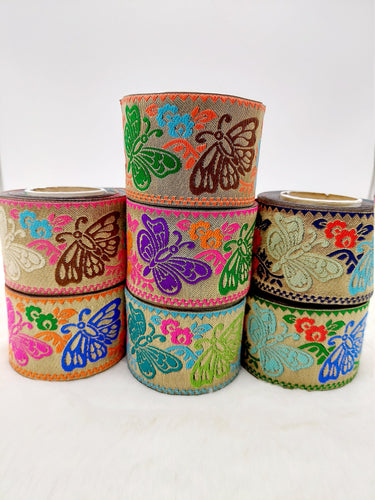 9 Yards Antique Gold Jacquard Brocade Sari Border Trim, Indian Woven Ribbon, Butterfly Trim
